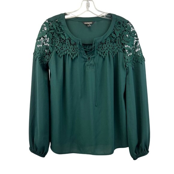 Express Women’s Crochet Tie Up Neck Top Green Size Small Long Sleeve - Picture 1 of 7